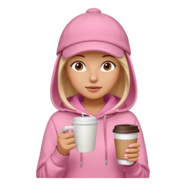 Woman in pink hoodie and cap holding coffee sticker