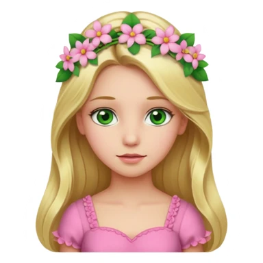Girl profile picture with long blonde hair and green eyes and a flower in her hair. and a pink outfit sticker