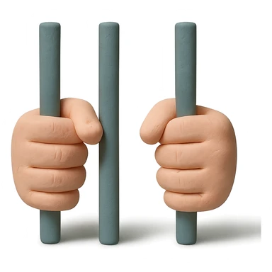claymation style hands behind bars, visible fingerprints, pastel colors sticker