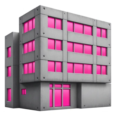 Brutalist gray concrete block building with one neon pink window and several regular windows sticker