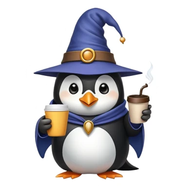 Penguin wizard drinking coffee while using iPhone sticker