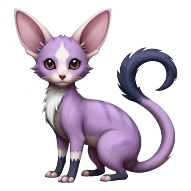 Fluffy, Purple, white, black, Minccino-Sphynx-Lykoi-Linoone-Zangoose-fusion-hybrid-animal-Fakémon-creature, full body, thin long sleek scaly tail, intricate markings sticker