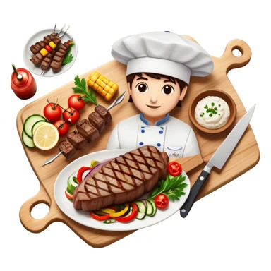 icon featuring cooking: a chef's hat, a cutting board with fresh ingredients, a knife, a plate with a well-plated dish, a beautiful ribeye beef steak, and beautifully arranged shashlik skewers placed across. Bright, detailed design with realistic textures and lighting. Transparent background. sticker