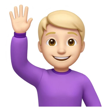 3D emoji of a smiling character waving hand, purple outfit, friendly and soft lighting, minimal background, for welcome message in a chat

 sticker
