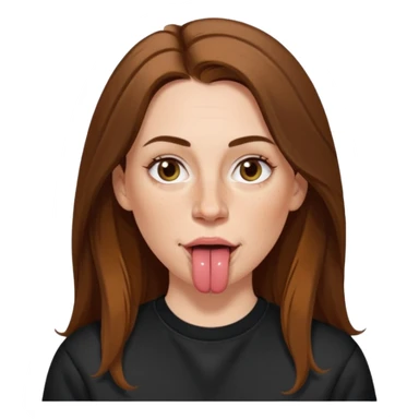 A 38 year old white woman with long brunette hair parted in the middle. She has her nose pierced. Her nose is medium sized. She has brown eyes. She has freckles and is wearing a black sweatshirt and is sticking out her tongue. sticker