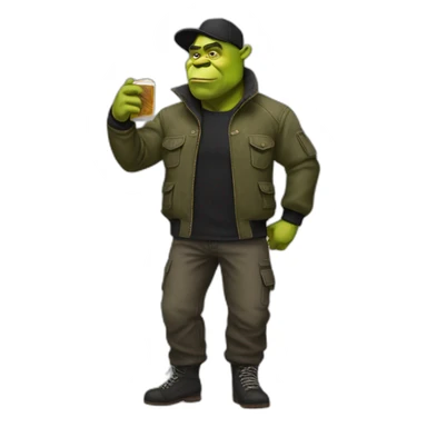 Shrek in cargo pants, black bomber jacket and hat sticker