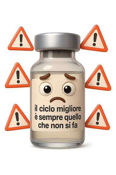 SU QUESTO STILE FAI UN EMOJI STILE IPHONE 3D DI UNa boccetta di fiala medica attorno alla quale fluttuano segnali di pericolo, sull'etichetta della boccetta c'è scritto "il ciclo migliore è sempre quello che non si fa", FALLO MOLTO REALISTICO IN 3D sticker