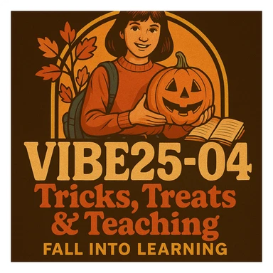 Create a logo that encompasses a retro 80's feel, nostalgic, ALSO RETRO.  Add the words "VIBE25-04: Tricks, Treats & Teaching: Fall Into Learning" sticker