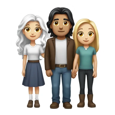  a woman with long brown hair, a man with white hair and a round face, and a young girl with long black hair standing between them, representing a family unit sticker