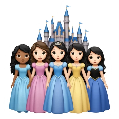 Quiero que crees una imagen donde este el castillo de Disney y por detrás o delante pon a quatro chicas: una con el pelo largo rizado marrón , otra con el pelo muy corto negro, otra con el pelo mediano liso marrón y otra con el pelo negro largo liso sticker