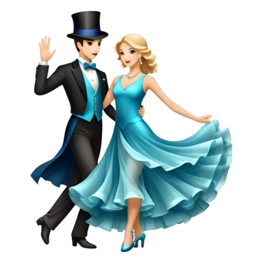 Icon for Ballroom Dancing: a pair of elegant dance shoes, a flowing dress, a top hat, and a dance floor spotlight. The icon should represent the elegance and atmosphere of ballroom dance, focusing on the iconic dance elements. Transparent background. sticker