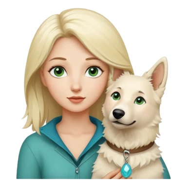 A white blonde Hair Woman with blue Green eyes with a White Shepard with a little bit beige in the fur in a lovely pose  sticker