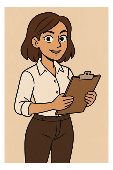 tan woman with brown eyes and brown shoulder length hair, standing confidently with a clipboard, productive and professional, contemporary illustration sticker