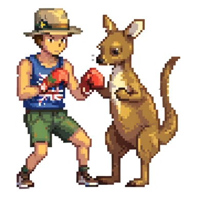 a man in an Australian hat boxing with a kangaroo sticker
