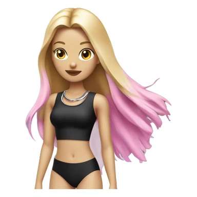Woman with blue eyes, pink lips and long blonde straight hair. black swimsuit. black band with metal ring around neck sticker