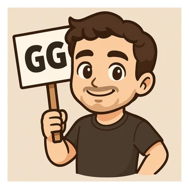 The drawn figure from the first image, in the same style and with the same face, holding a sign with the text 'GG' exactly as shown in the second image: held by one hand beside the body, smiling. sticker