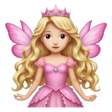 Detailed long pink princess dress, long blonde wavy hair, pink fairy wings sticker