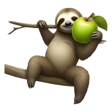 realistic full body sloth hanging from branch and holding an apple sticker
