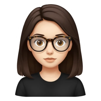 The girl with dark brown long hair, white skin, brown dark eyes, wearing black shirt and tortoise framed glasses sticker
