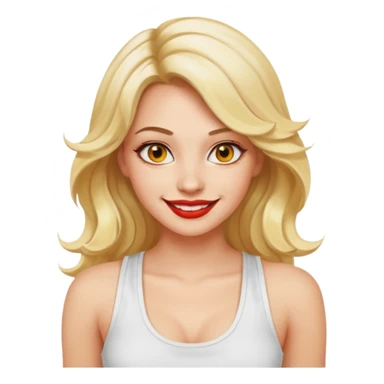 a woman with white tank top and smile, her hair is long wavy blonde hair, her face is baddie girl style, her eyes color are yellow and the color of her lip is soft red sticker
