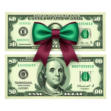 Dollar bill with burgundy bow on top sticker