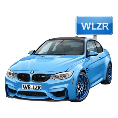 Make me an emoji with a blue bmw M3 and some kind of sign that says ‘W LZR’ sticker
