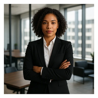 A mixed race girl CEO, wearing a business suit, looking confident and successful, in a modern office setting, professional and empowering. sticker