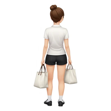 pretty girl back view white polo black shorts brown hair in a bun white totebag sticker
