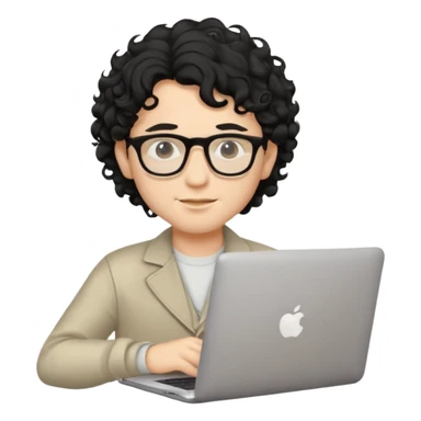 guy with wavy kinda curly black hair and light-to-medium skin tone like cream and glasses, with a macbook sticker