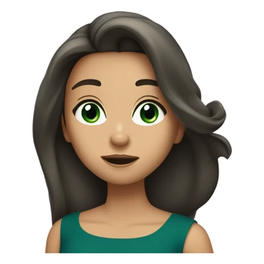 a brunette with long hair and green eyes and in a dark blue dress sends an air kiss sticker