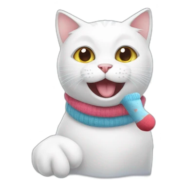 A white cat holding a sock in his mouth sticker