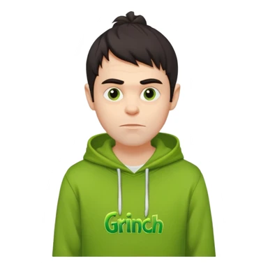 Create an avatar of white Europeanwith dark hair  male in hoodie with ``BST`` letters on it. Make background to look like from movie Grinch sticker