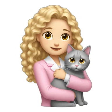 A girl with long curly blond hair in a pink formal jacket and a white dress hugs a gray cat sticker