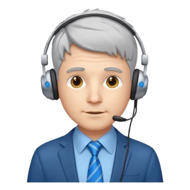 white male programmer with short messy silver gray hair, blue tie, small headphones sticker