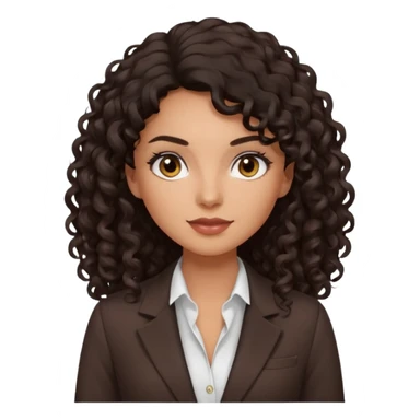 medium deep tan brown business woman with long black curly hair, light rosy cheeks, smoky eyes, dark brown eyes, wearing a dark brown blazer, white shirt sticker
