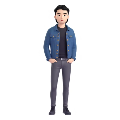 3D emoji Microsoft style, young man with black hair, wearing black t-shirt and black denim jacket, based on photo reference, slight shadow on face sticker