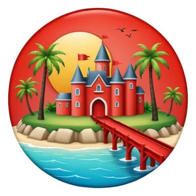 a circular island with a modern chateau, a beach with palm trees in front. also, a red bridge behind.  sticker