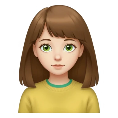 please create an emoji of a semi pale girl with long brown hair with a thin bang, green eyes, wearing a pastel yellow sweater sticker