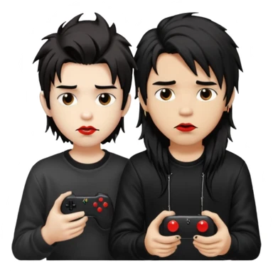 pale Goth boy with a bunch of face piercings, with shaggy dark brown hair, smudged red lipstick next to a Carmel  skin gamer boy with long black hair , they are watching tv together  sticker