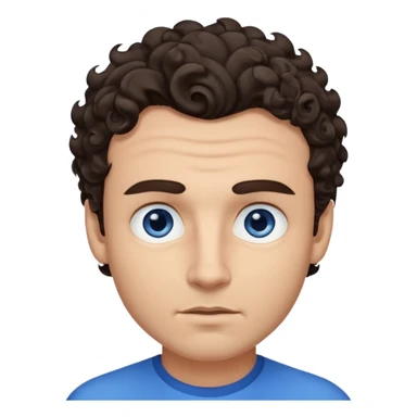 A man emoji with light skin, wavy dark brown hair styled with a curl falling on his forehead, thick dark eyebrows, striking blue eyes, a straight nose, and a clean-shaven face with a neutral expression. sticker