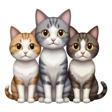 3 different coloured short haired cats including; a dark brown tabby and white cat, and a dark grey and white  sticker