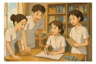 Four nursing students inspired by reference photos, collaborating and interacting warmly in a care station, Ghibli style. White short-sleeve uniforms, medical tunics with V-neck, left chest pocket, no collar stand, no stethoscopes, no fabric under sleeves. Dynamic scene, soft lighting, care station decor. sticker