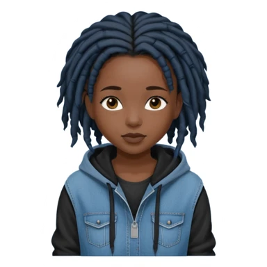 make a black girl with short pitch black locs wearing a denim hoodie with black sleeves sticker