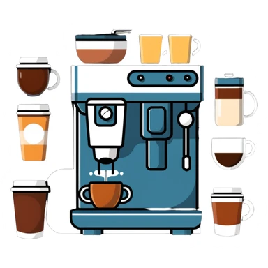 coffee shop items: espresso machine, milk frother, and coffee menu board sticker
