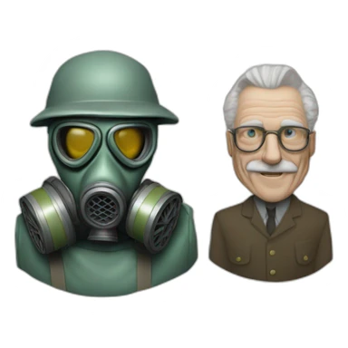 clean shaven old man, m40 gas mask, duo sticker