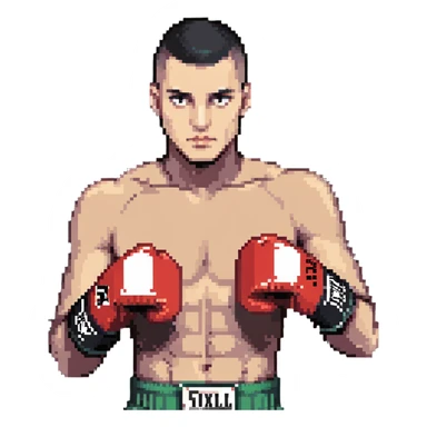 white man with dark hair, dark eyes, buzzcut faded haircut, wearing boxing gloves sticker