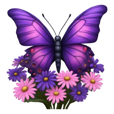 Aesthetic butterfly with purple and pink wings sitting on a dark purple bouquet of Daisies in a pastel pink vase sticker