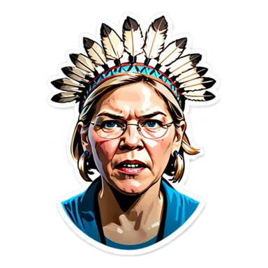 Make a picture of Senator Elizabeth Warren with a traditional Native American headdress make it less cartoonish without the braids make it more realistic accentuate her wrinkles and more realistic make her hair blonder and get rid of the headdress besides make her look very worried like she’s getting caught sticker