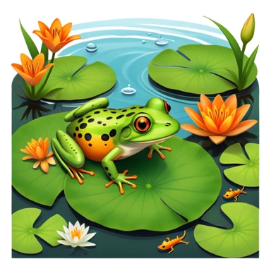 Icon for Amphibians: A colorful collage featuring a frog sitting on a lily pad, a salamander crawling on the ground and a newt swimming in water. The background features lily flowers and a calm pond setting. Transparent background. sticker