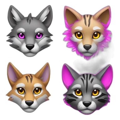 Coyote with grey and black fur, neon lights, ocelot with pink ears, clouded leopard, ocelot coyote hybrid with Phoenix wings sticker